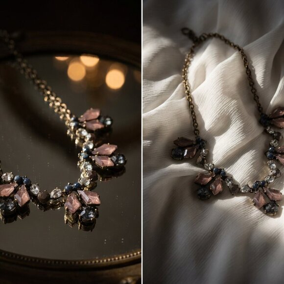 J.Crew Geometric Stone Bib Necklace Dusty Rose Navy Crystal 20" EUC - Picture 5 of 6